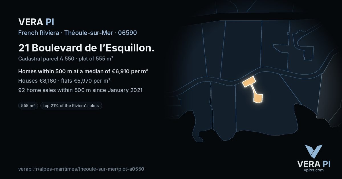 21 Boulevard de l’Esquillon, Théoule-sur-Mer at night – the plot lit, the parcels around coloured by the prices near them