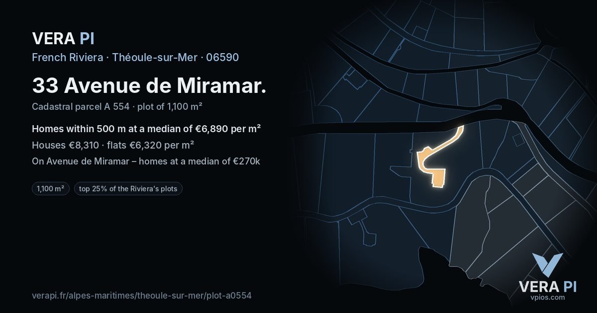 33 Avenue de Miramar, Théoule-sur-Mer at night – the plot lit, the parcels around coloured by the prices near them