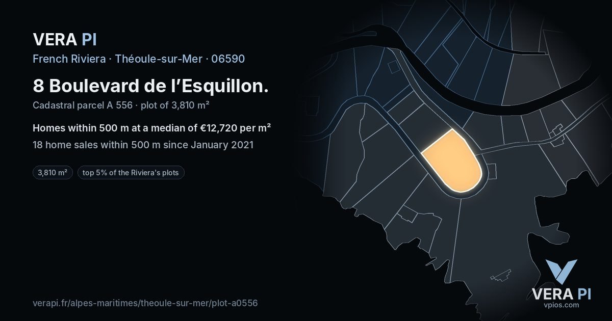 8 Boulevard de l’Esquillon, Théoule-sur-Mer at night – the plot lit, the parcels around coloured by the prices near them