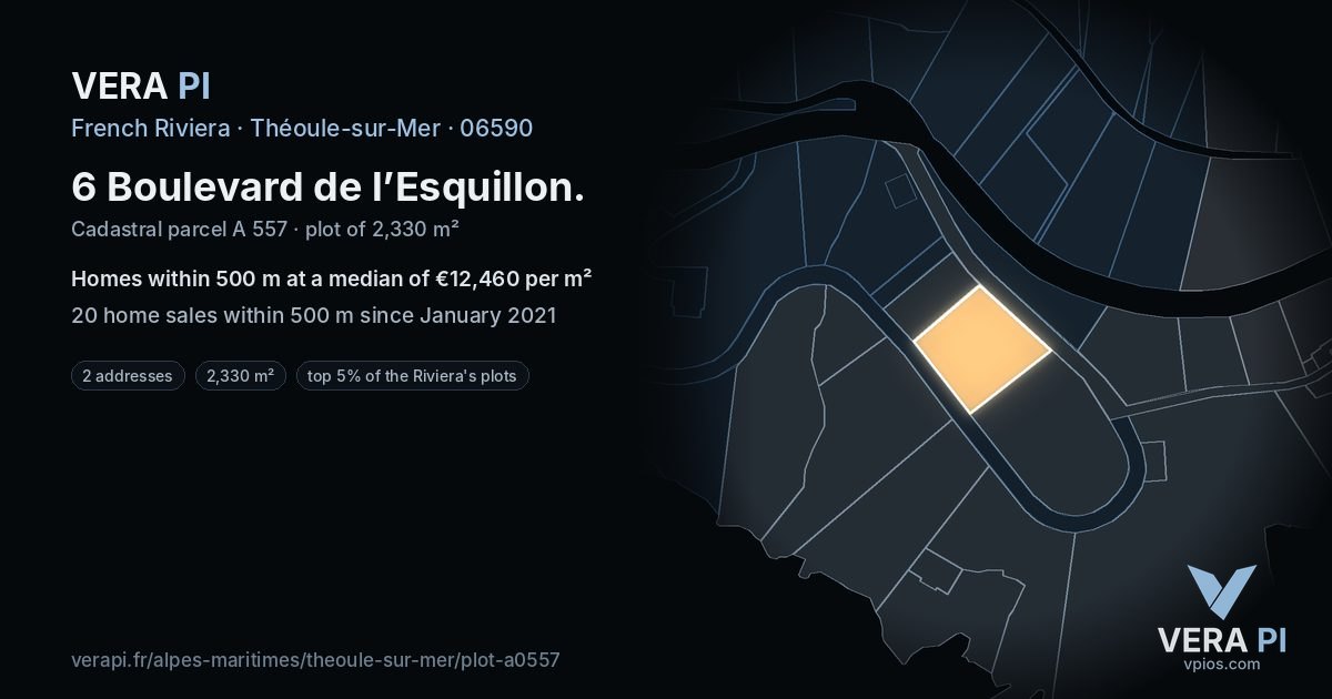 6 Boulevard de l’Esquillon, Théoule-sur-Mer at night – the plot lit, the parcels around coloured by the prices near them