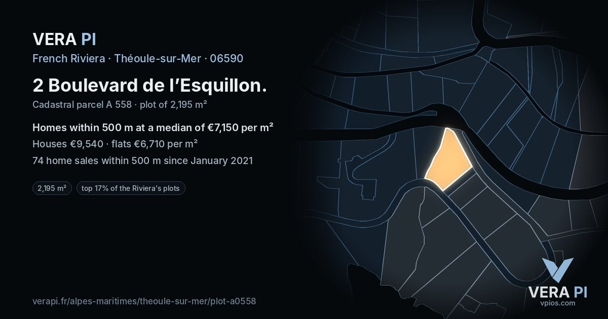 2 Boulevard de l’Esquillon, Théoule-sur-Mer at night – the plot lit, the parcels around coloured by the prices near them