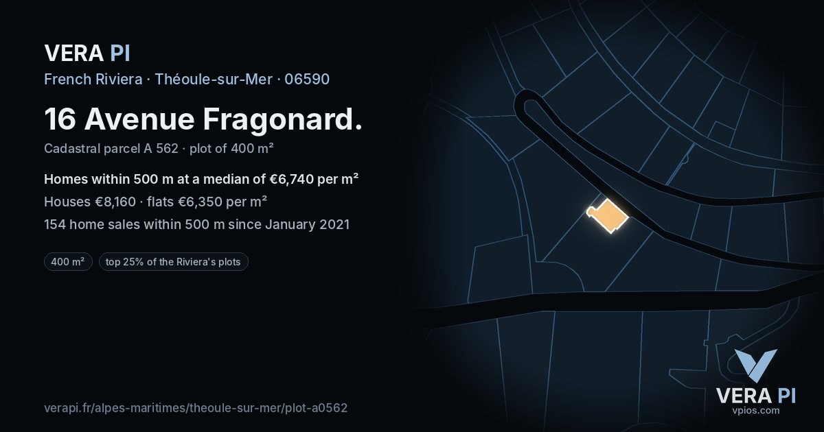 16 Avenue Fragonard, Théoule-sur-Mer at night – the plot lit, the parcels around coloured by the prices near them