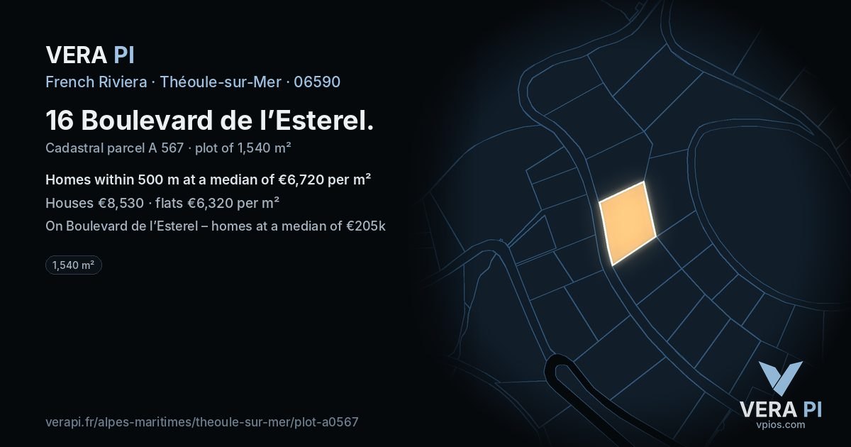 16 Boulevard de l’Esterel, Théoule-sur-Mer at night – the plot lit, the parcels around coloured by the prices near them