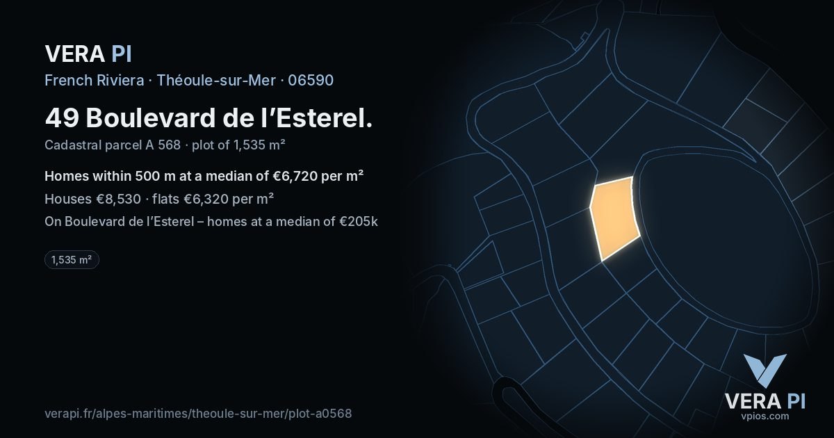 49 Boulevard de l’Esterel, Théoule-sur-Mer at night – the plot lit, the parcels around coloured by the prices near them