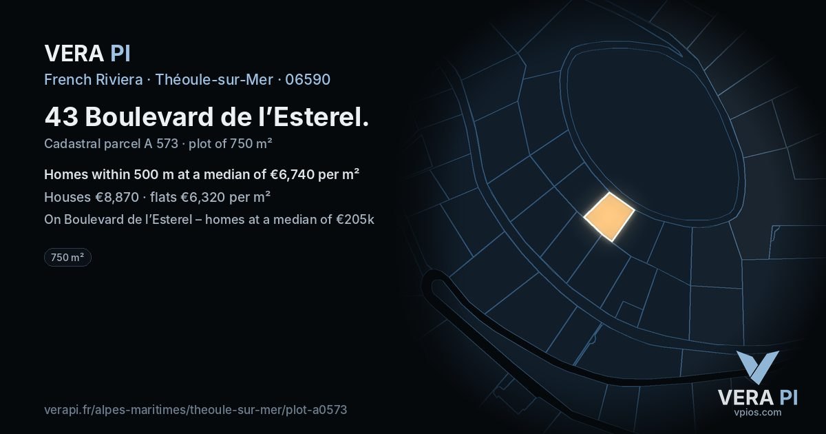 43 Boulevard de l’Esterel, Théoule-sur-Mer at night – the plot lit, the parcels around coloured by the prices near them
