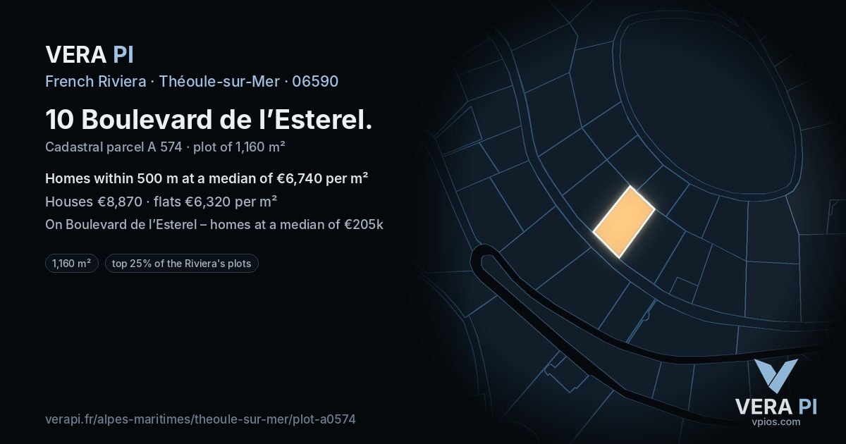 10 Boulevard de l’Esterel, Théoule-sur-Mer at night – the plot lit, the parcels around coloured by the prices near them