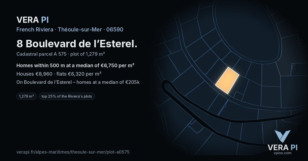 8 Boulevard de l’Esterel, Théoule-sur-Mer at night – the plot lit, the parcels around coloured by the prices near them