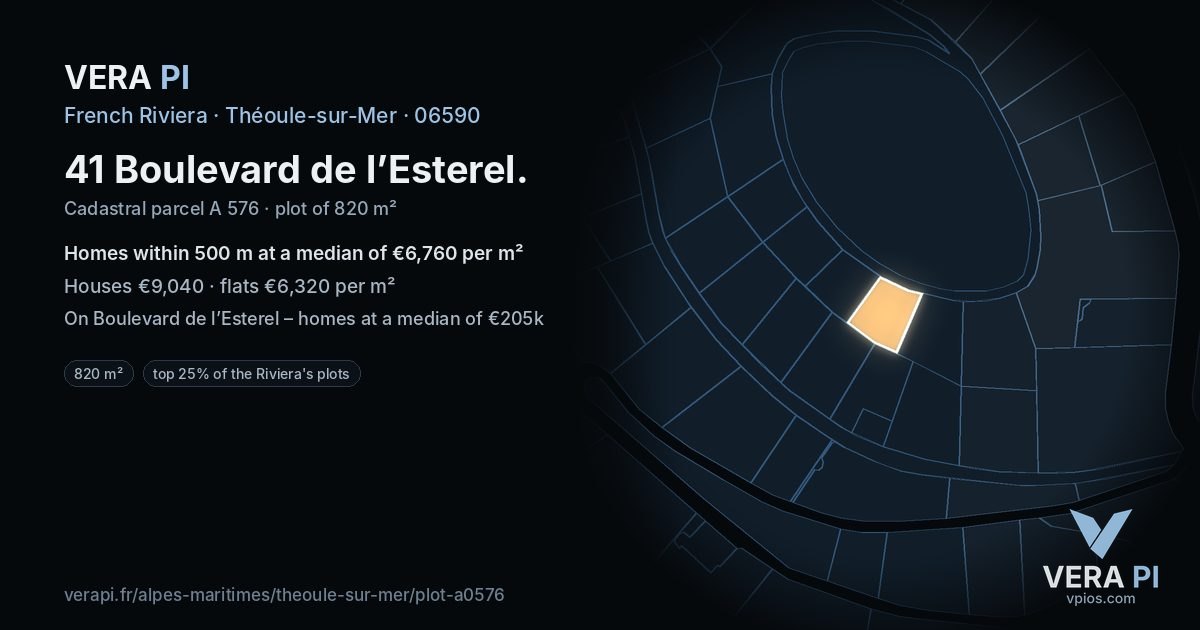 41 Boulevard de l’Esterel, Théoule-sur-Mer at night – the plot lit, the parcels around coloured by the prices near them