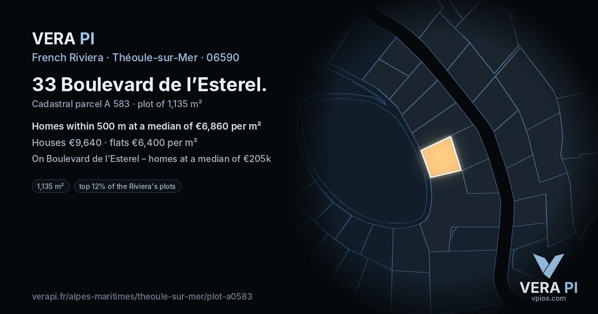 33 Boulevard de l’Esterel, Théoule-sur-Mer at night – the plot lit, the parcels around coloured by the prices near them