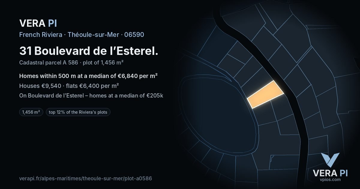 31 Boulevard de l’Esterel, Théoule-sur-Mer at night – the plot lit, the parcels around coloured by the prices near them