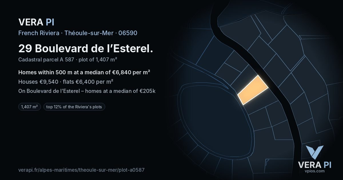 29 Boulevard de l’Esterel, Théoule-sur-Mer at night – the plot lit, the parcels around coloured by the prices near them