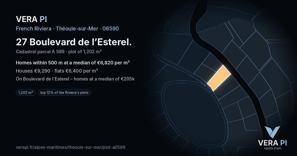27 Boulevard de l’Esterel, Théoule-sur-Mer at night – the plot lit, the parcels around coloured by the prices near them