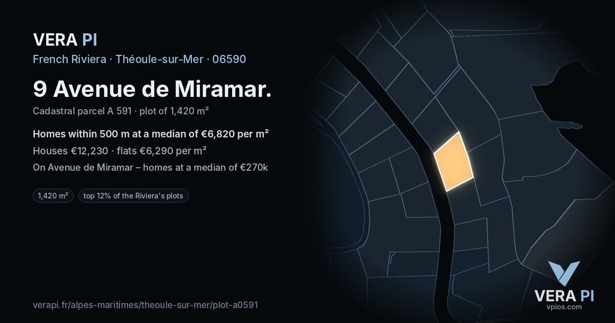 9 Avenue de Miramar, Théoule-sur-Mer at night – the plot lit, the parcels around coloured by the prices near them
