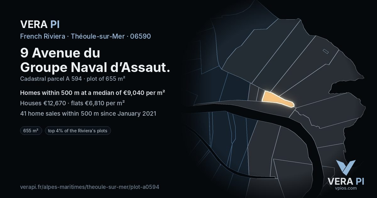 9 Avenue du Groupe Naval d’Assaut, Théoule-sur-Mer at night – the plot lit, the parcels around coloured by the prices near them