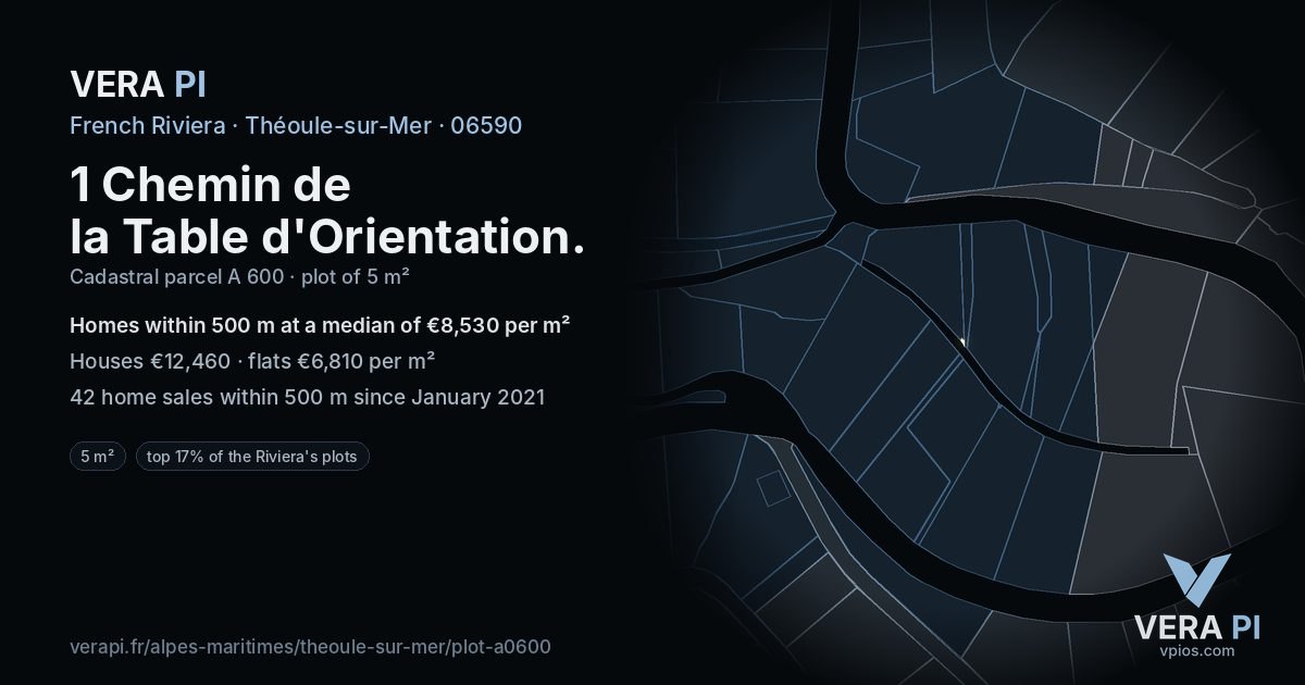 1 Chemin de la Table d'Orientation, Théoule-sur-Mer at night – the plot lit, the parcels around coloured by the prices near them