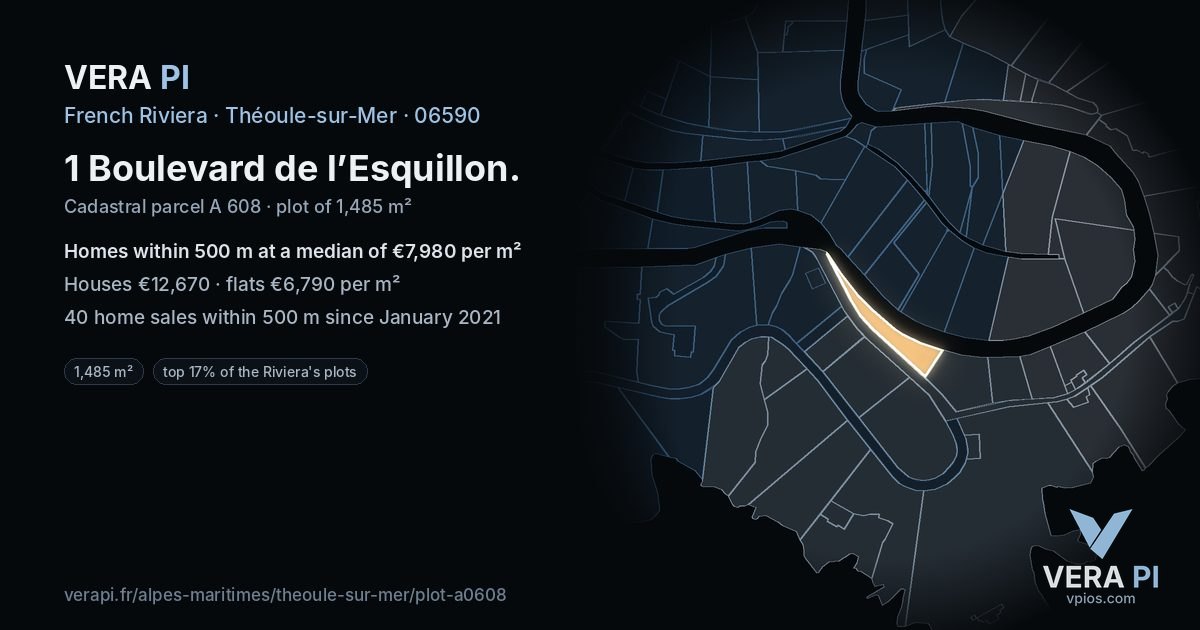 1 Boulevard de l’Esquillon, Théoule-sur-Mer at night – the plot lit, the parcels around coloured by the prices near them