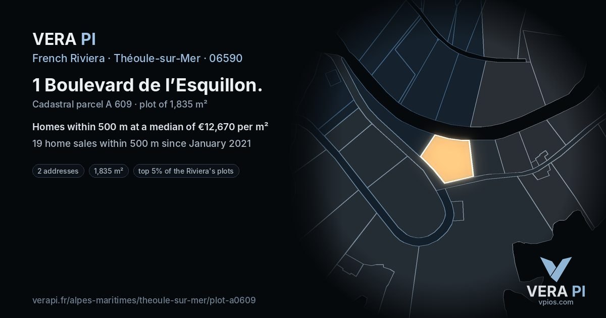1 Boulevard de l’Esquillon, Théoule-sur-Mer at night – the plot lit, the parcels around coloured by the prices near them