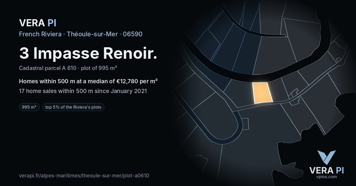 3 Impasse Renoir, Théoule-sur-Mer at night – the plot lit, the parcels around coloured by the prices near them