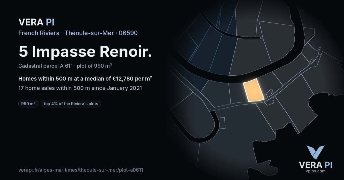 5 Impasse Renoir, Théoule-sur-Mer at night – the plot lit, the parcels around coloured by the prices near them