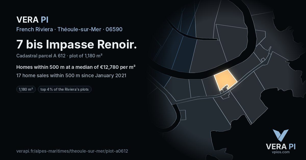 7 bis Impasse Renoir, Théoule-sur-Mer at night – the plot lit, the parcels around coloured by the prices near them