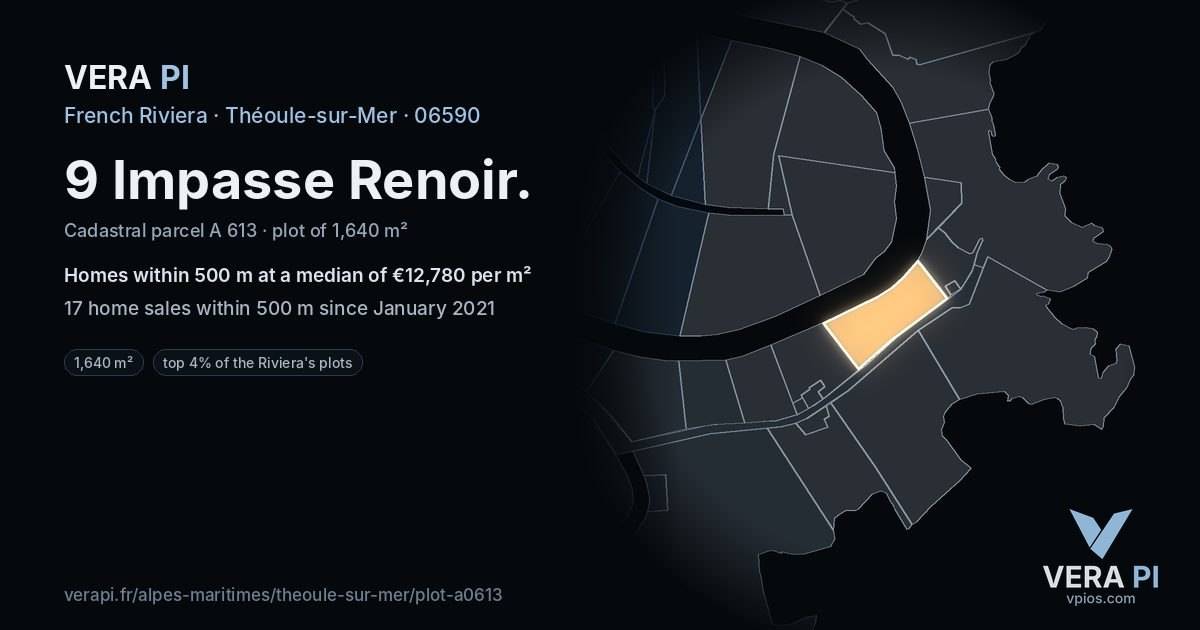 9 Impasse Renoir, Théoule-sur-Mer at night – the plot lit, the parcels around coloured by the prices near them