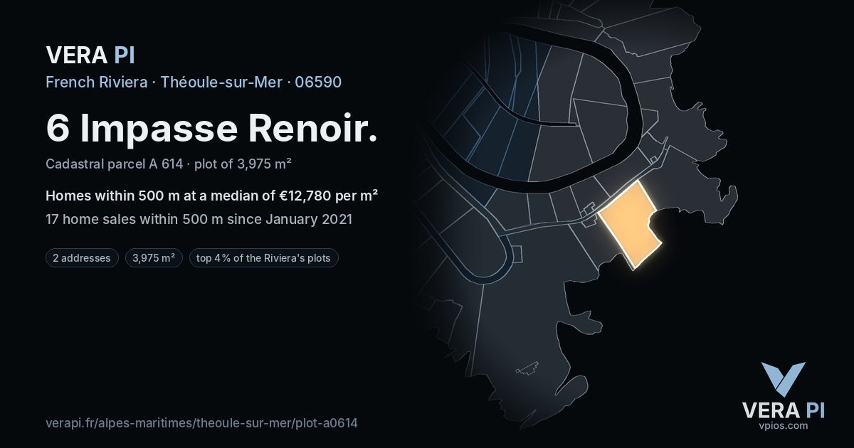 6 Impasse Renoir, Théoule-sur-Mer at night – the plot lit, the parcels around coloured by the prices near them