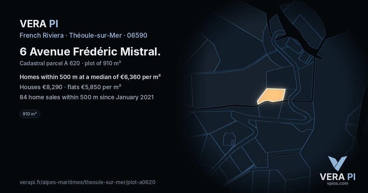 6 Avenue Frédéric Mistral, Théoule-sur-Mer at night – the plot lit, the parcels around coloured by the prices near them