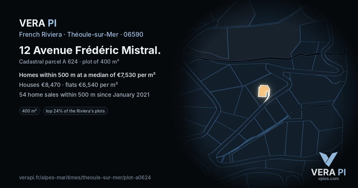 12 Avenue Frédéric Mistral, Théoule-sur-Mer at night – the plot lit, the parcels around coloured by the prices near them