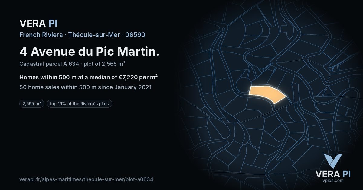 4 Avenue du Pic Martin, Théoule-sur-Mer at night – the plot lit, the parcels around coloured by the prices near them