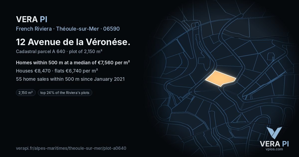 12 Avenue de la Véronése, Théoule-sur-Mer at night – the plot lit, the parcels around coloured by the prices near them