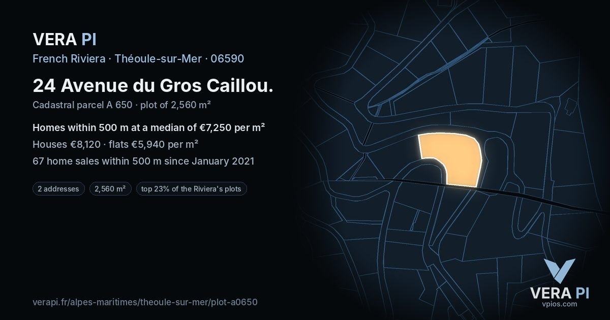 24 Avenue du Gros Caillou, Théoule-sur-Mer at night – the plot lit, the parcels around coloured by the prices near them
