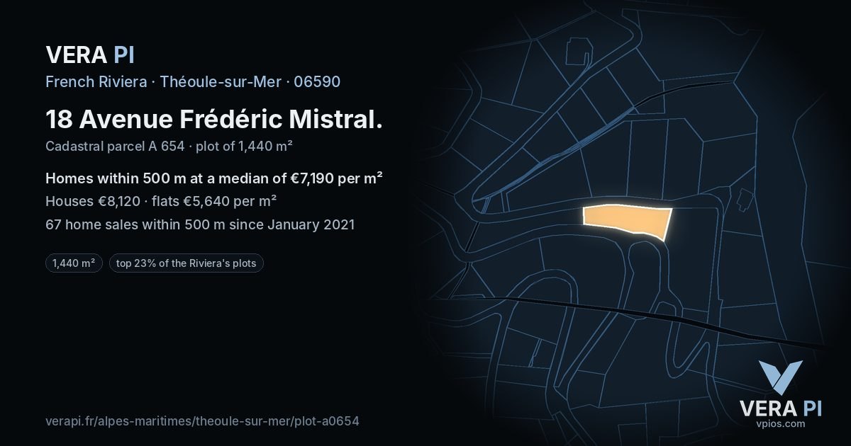 18 Avenue Frédéric Mistral, Théoule-sur-Mer at night – the plot lit, the parcels around coloured by the prices near them