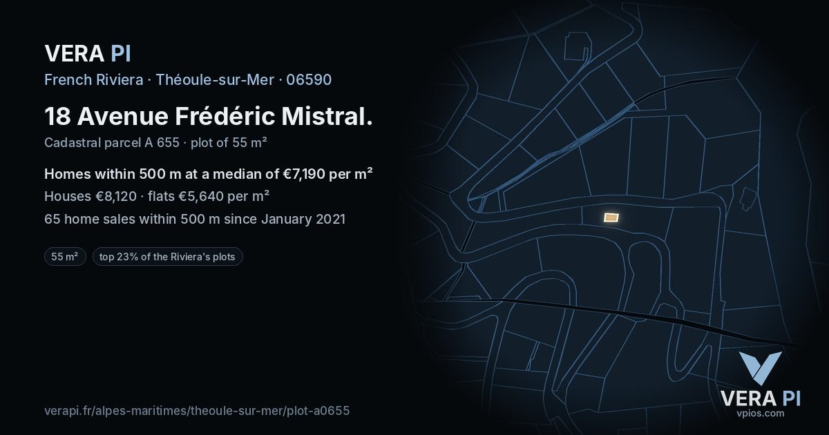 18 Avenue Frédéric Mistral, Théoule-sur-Mer at night – the plot lit, the parcels around coloured by the prices near them
