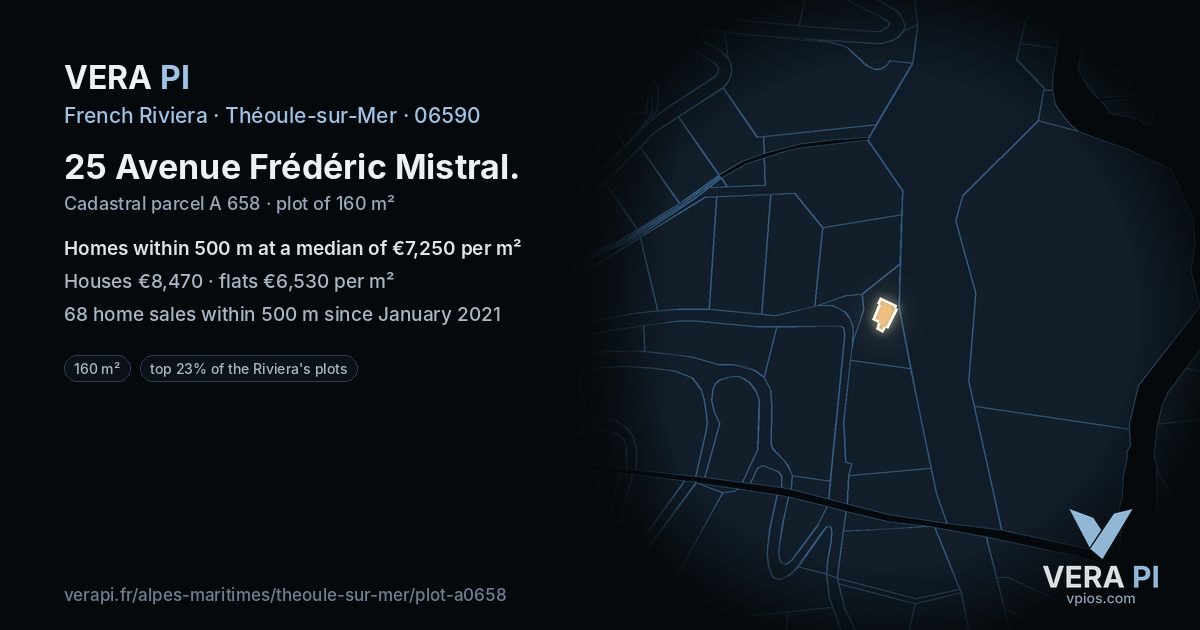 25 Avenue Frédéric Mistral, Théoule-sur-Mer at night – the plot lit, the parcels around coloured by the prices near them