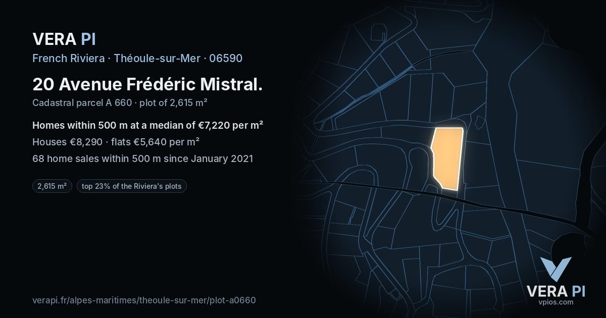 20 Avenue Frédéric Mistral, Théoule-sur-Mer at night – the plot lit, the parcels around coloured by the prices near them