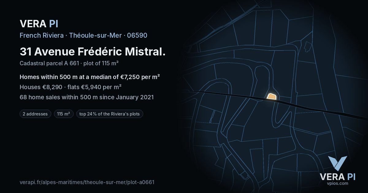 31 Avenue Frédéric Mistral, Théoule-sur-Mer at night – the plot lit, the parcels around coloured by the prices near them