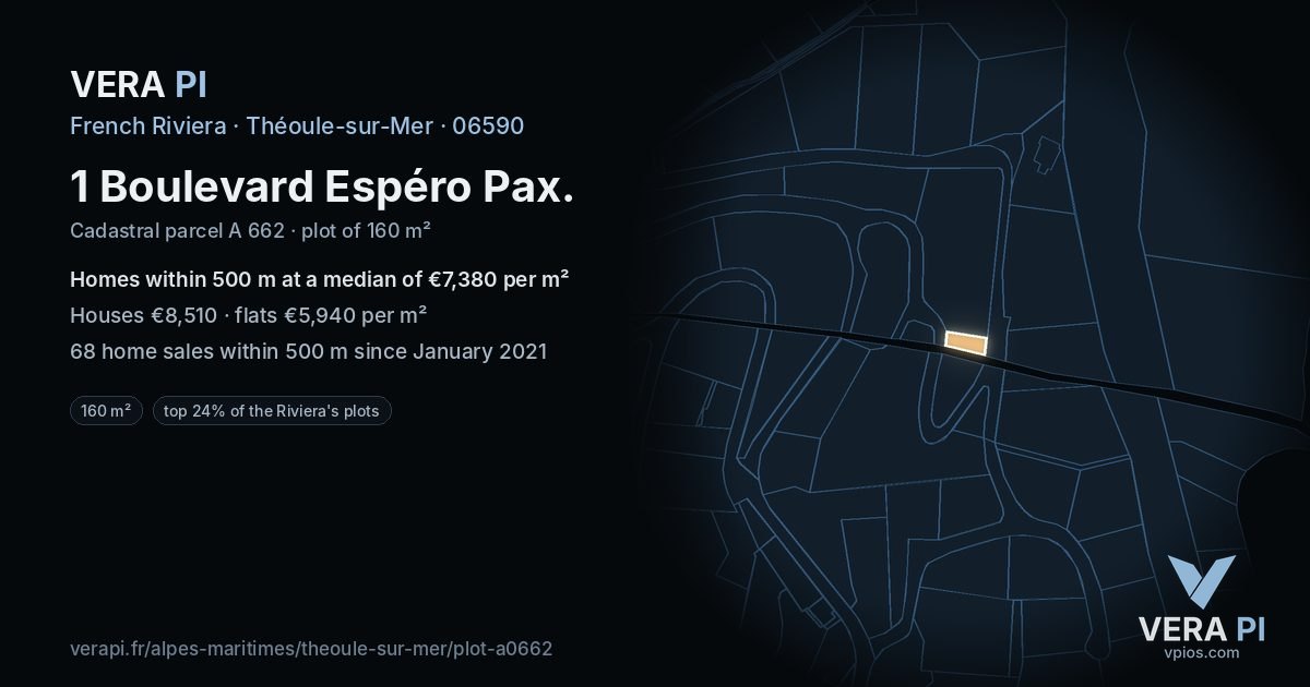 1 Boulevard Espéro Pax, Théoule-sur-Mer at night – the plot lit, the parcels around coloured by the prices near them