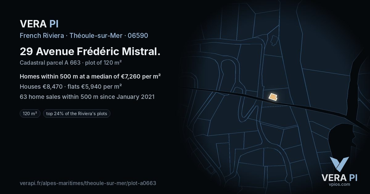 29 Avenue Frédéric Mistral, Théoule-sur-Mer at night – the plot lit, the parcels around coloured by the prices near them