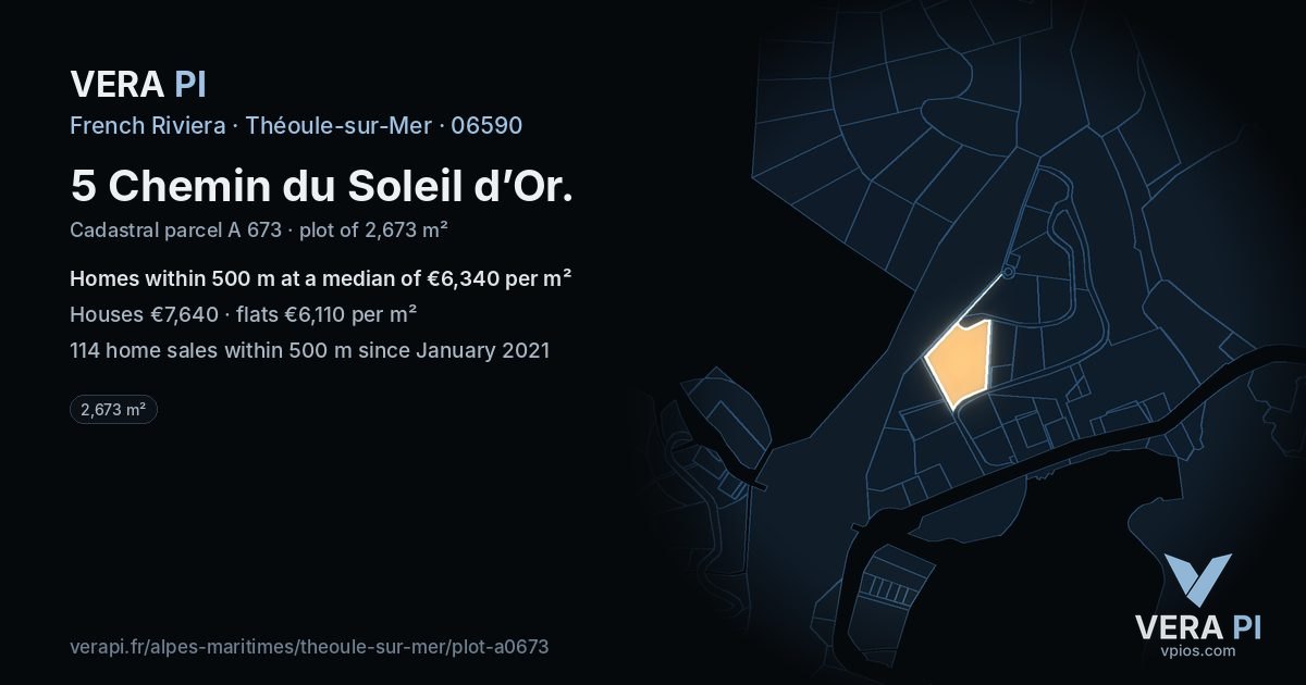 5 Chemin du Soleil d’Or, Théoule-sur-Mer at night – the plot lit, the parcels around coloured by the prices near them