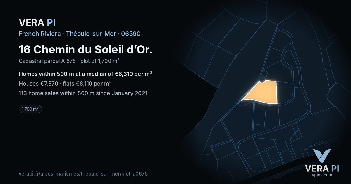 16 Chemin du Soleil d’Or, Théoule-sur-Mer at night – the plot lit, the parcels around coloured by the prices near them