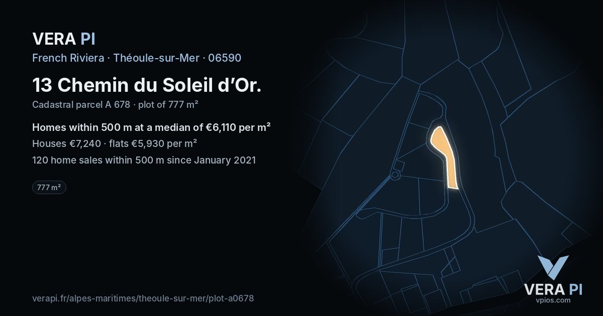 13 Chemin du Soleil d’Or, Théoule-sur-Mer at night – the plot lit, the parcels around coloured by the prices near them