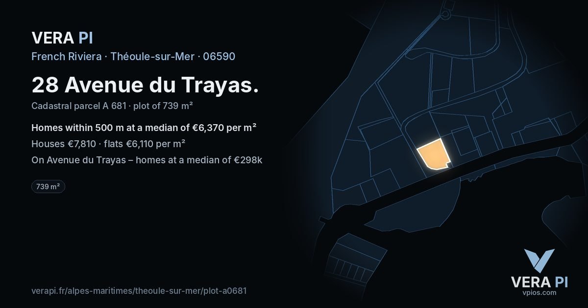 28 Avenue du Trayas, Théoule-sur-Mer at night – the plot lit, the parcels around coloured by the prices near them