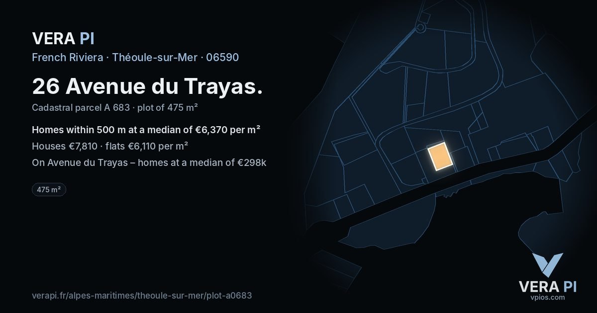 26 Avenue du Trayas, Théoule-sur-Mer at night – the plot lit, the parcels around coloured by the prices near them
