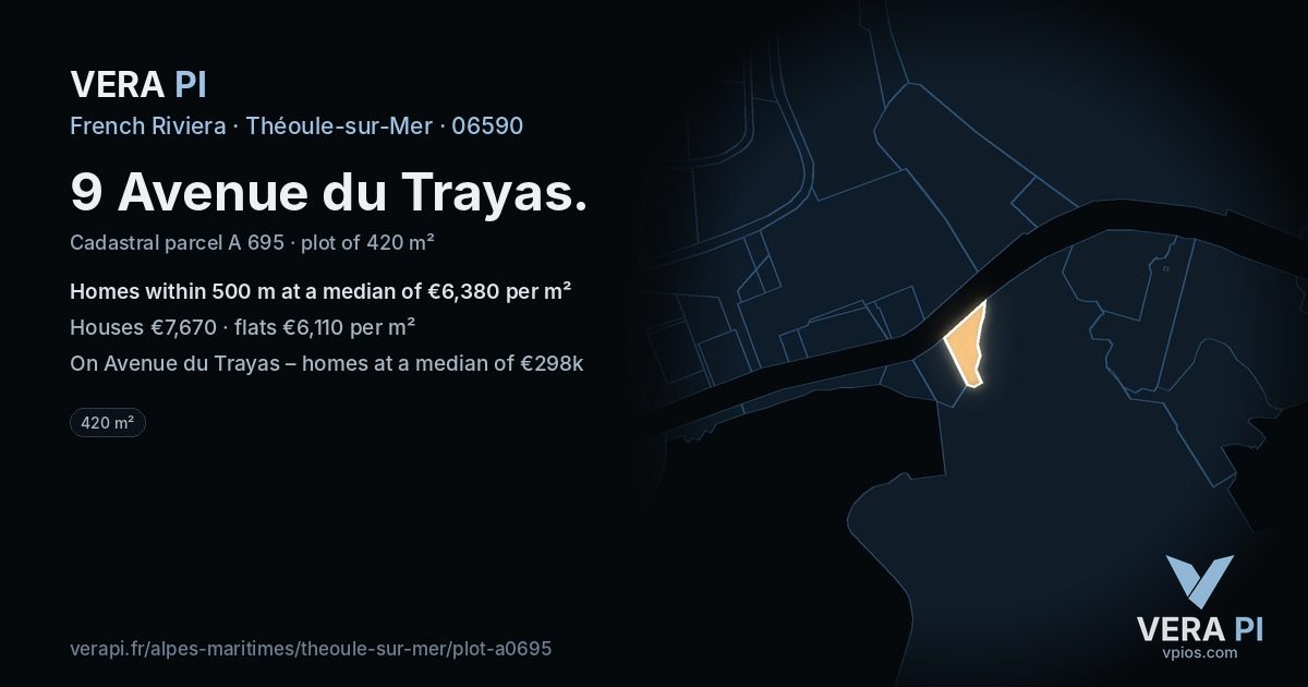 9 Avenue du Trayas, Théoule-sur-Mer at night – the plot lit, the parcels around coloured by the prices near them