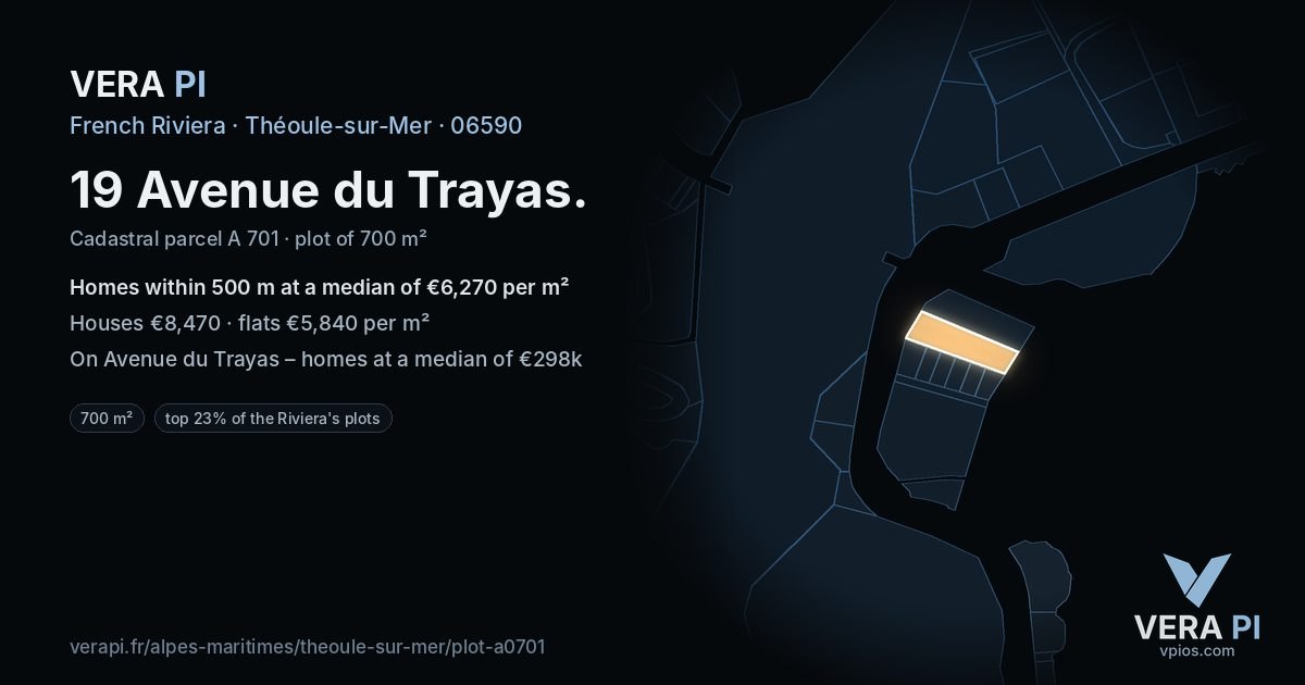 19 Avenue du Trayas, Théoule-sur-Mer at night – the plot lit, the parcels around coloured by the prices near them