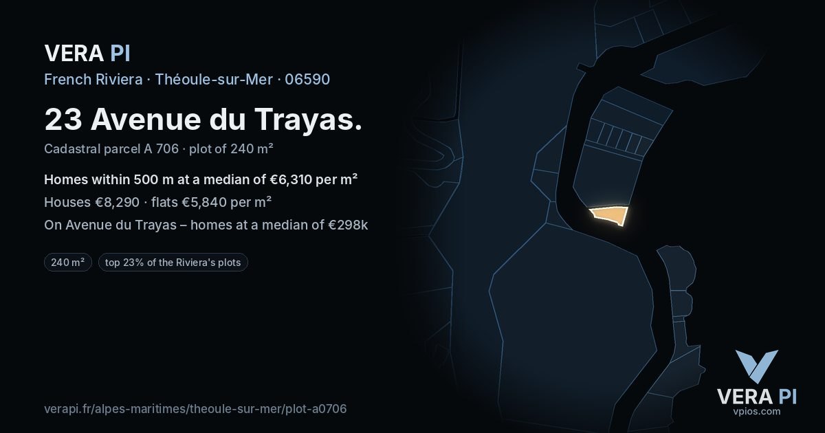 23 Avenue du Trayas, Théoule-sur-Mer at night – the plot lit, the parcels around coloured by the prices near them