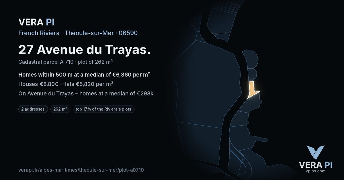 27 Avenue du Trayas, Théoule-sur-Mer at night – the plot lit, the parcels around coloured by the prices near them
