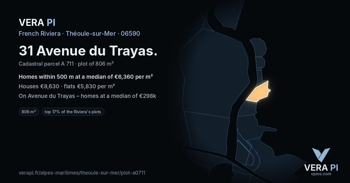 31 Avenue du Trayas, Théoule-sur-Mer at night – the plot lit, the parcels around coloured by the prices near them