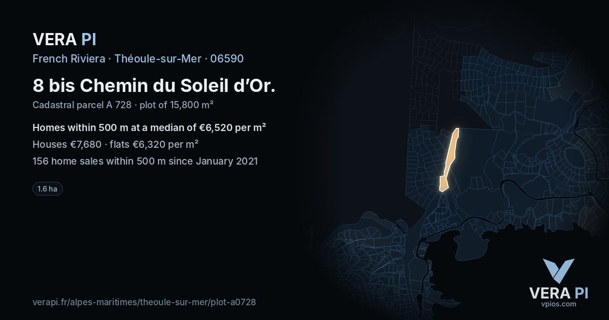 8 bis Chemin du Soleil d’Or, Théoule-sur-Mer at night – the plot lit, the parcels around coloured by the prices near them