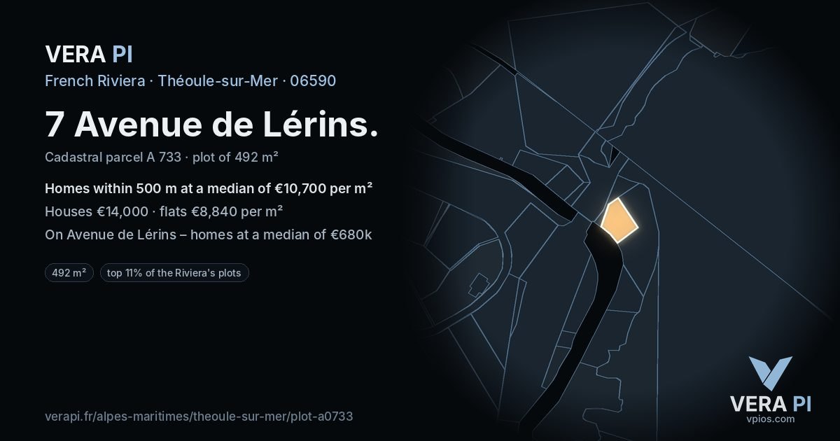 7 Avenue de Lérins, Théoule-sur-Mer at night – the plot lit, the parcels around coloured by the prices near them